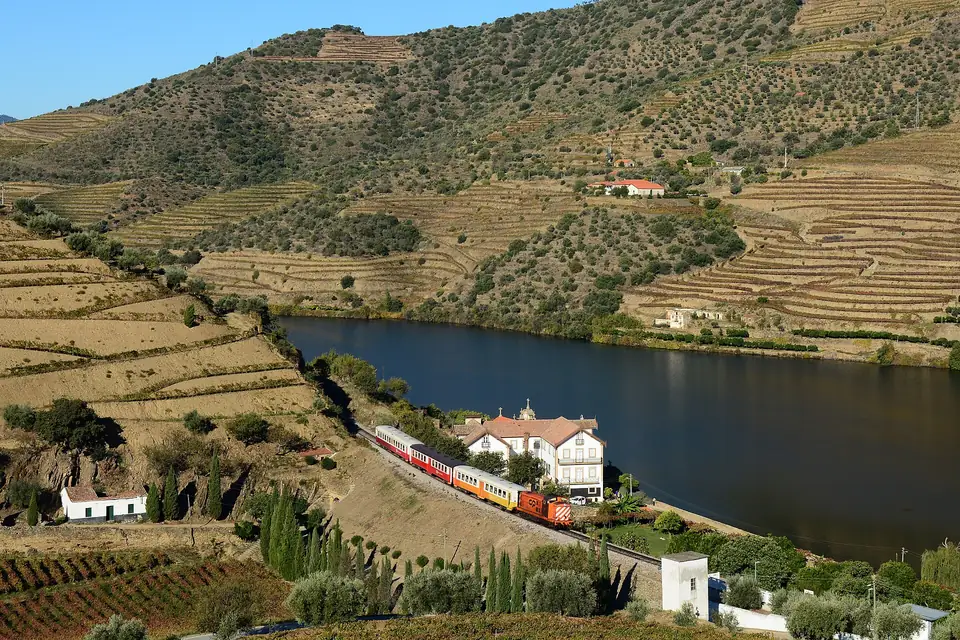 Eine orange Diesellok der CP mit einem InterRegional am Douro