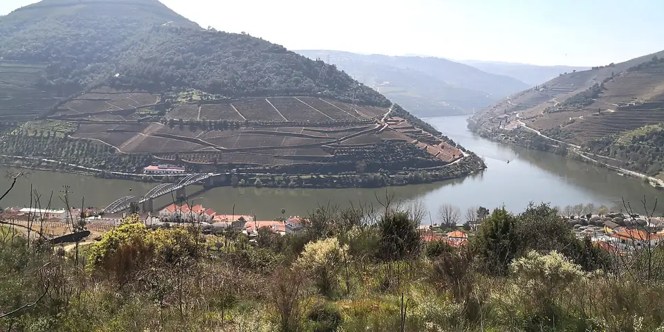 Die eiserne Brücke über den Douro bei Pinhão mit Weinbergen an beiden Ufern